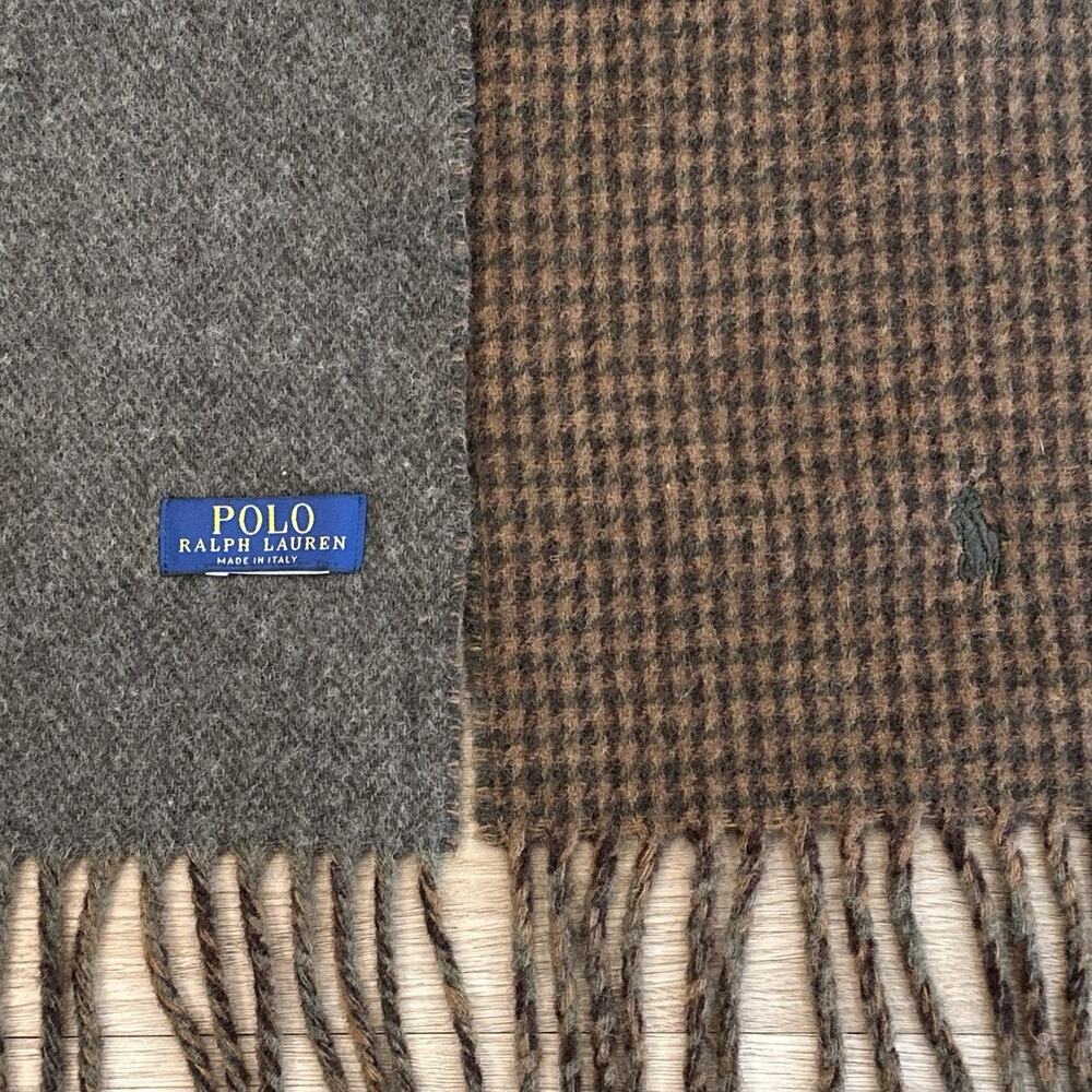 Polo Ralph Lauren Brown Wool Scarf Made in Italy Pony Reversible Unisex Muffler